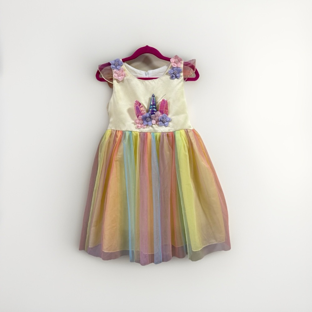 Girls Sz 8 130 cm Unicorn Party Tulle Rainbow Dress Yellow Appliqué Special Occ